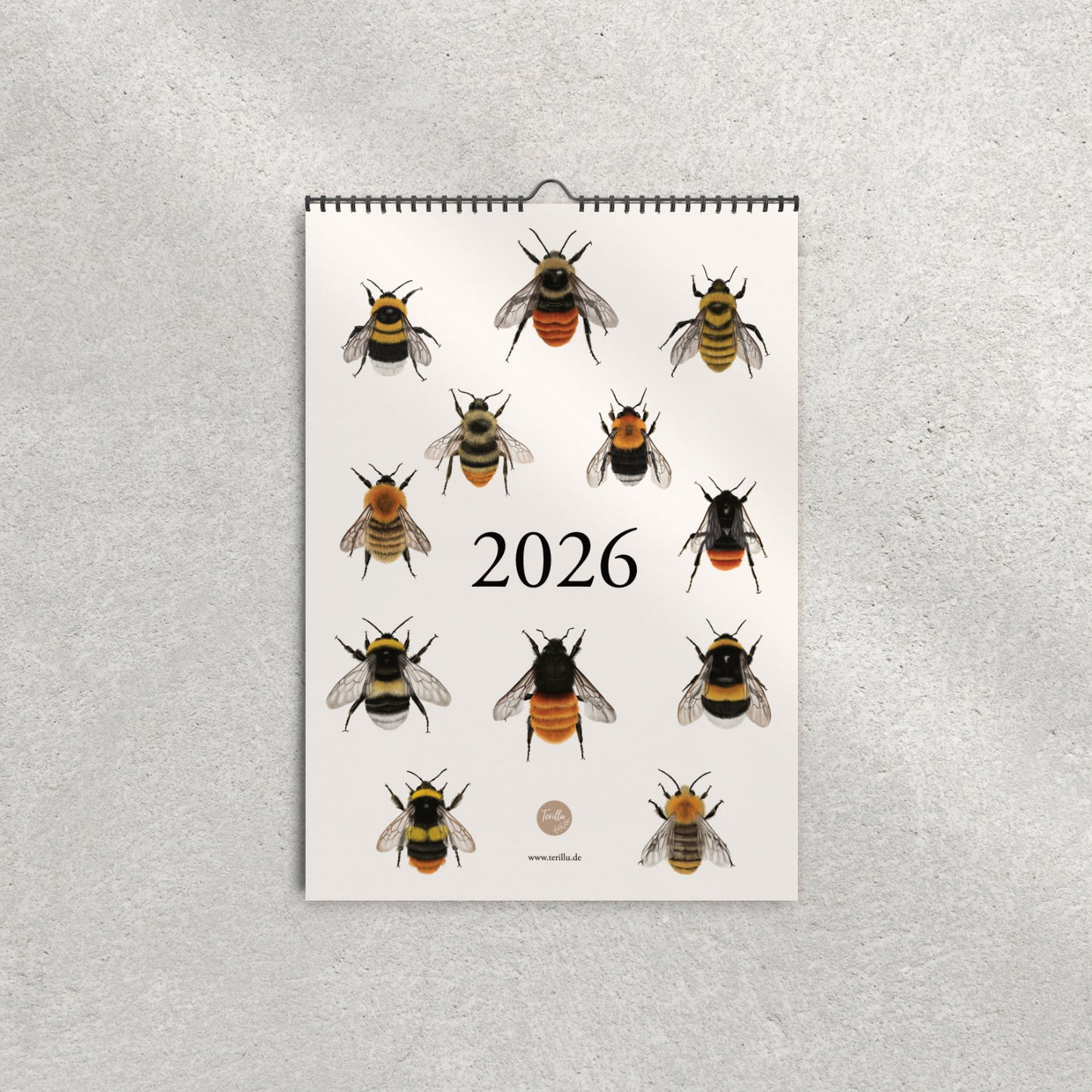 Titelblatt des Hummelkalenders 2026 mit zwölf heimischen Hummelarten als Illustration