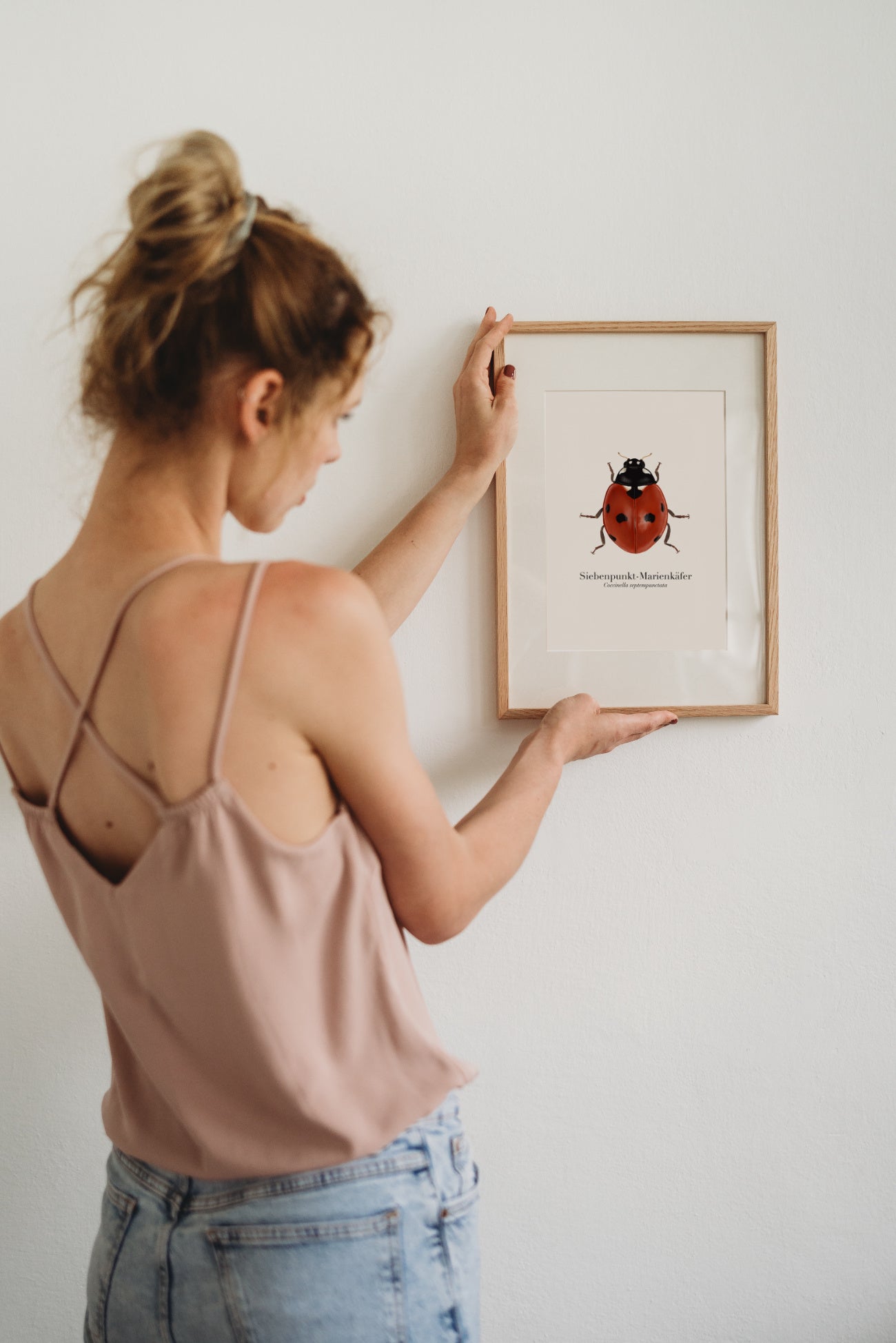 Frontalansicht eines gerahmten Naturposters mit Marienkäfer-Illustration auf hellem Hintergrund