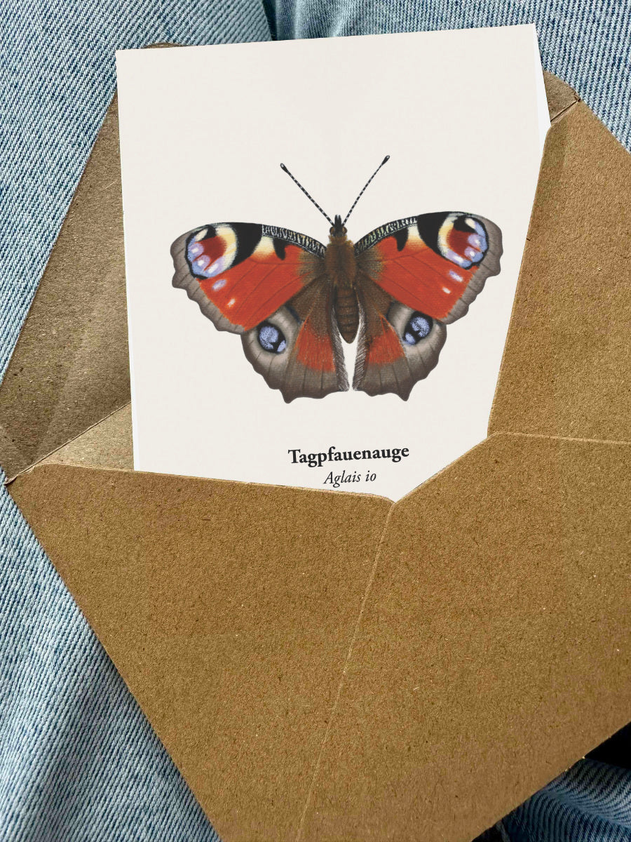 Postkarte Tagpfauenauge mit braunem Kraftpapier-Umschlag