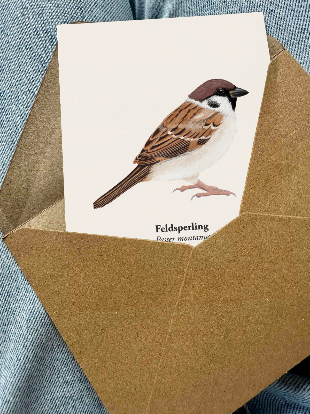 Feldsperling Zeichnung auf Postkarte mit Umschlag