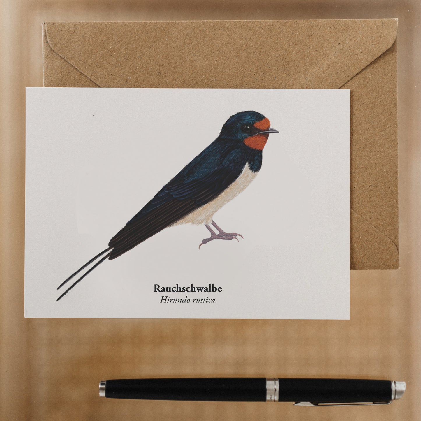 Schwalbe-Postkarte mit braunem Umschlag und Füller – minimalistische Vogelillustration auf hellem Untergrund