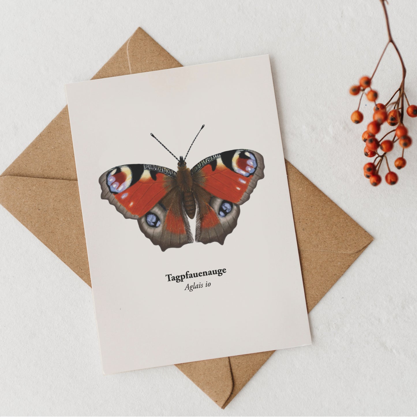 Postkarte Tagpfauenauge mit Umschlag und Beerenzweig – nachhaltige Papeterie