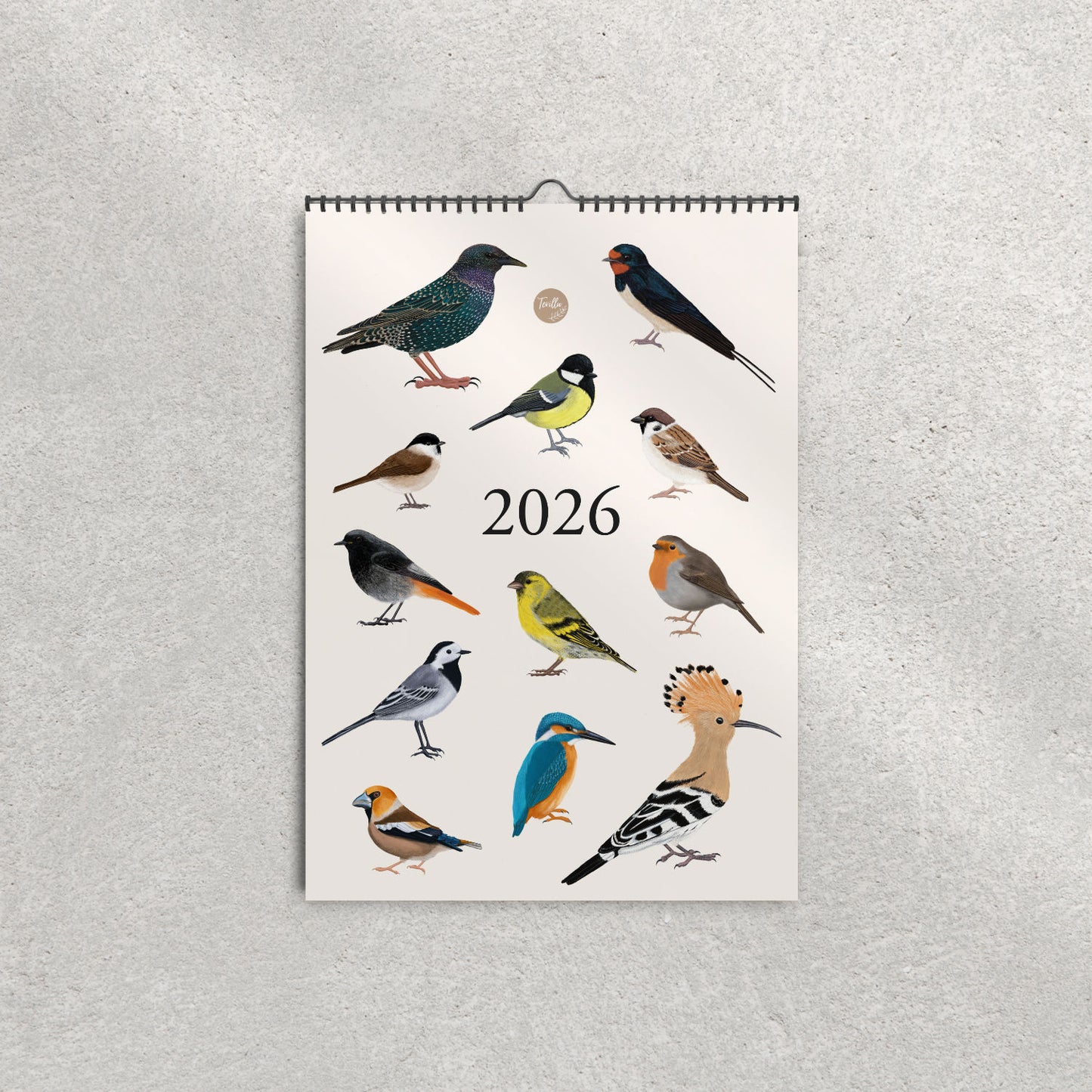 Vogelkalender 2026 – Titelblatt mit zwölf heimischen Vogelarten Illustration