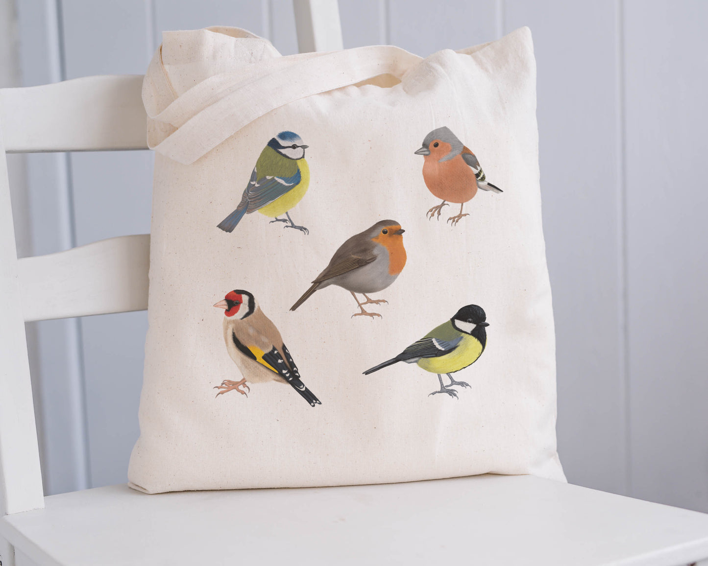 Nachhaltige Tote Bag mit fünf gezeichneten Vogelarten