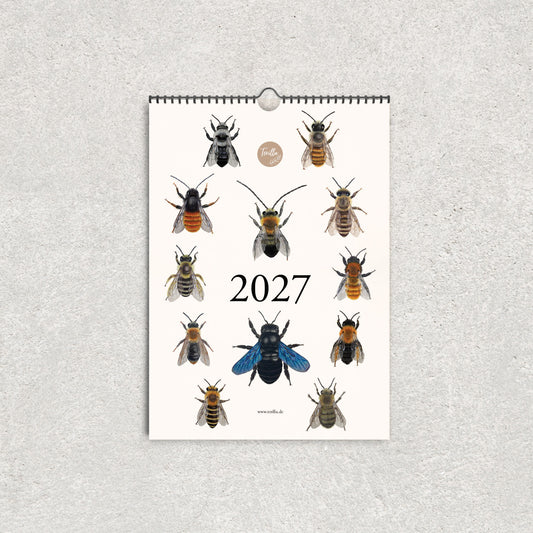 Bienenkalender 2027 im A3-Format mit zwölf detailreichen Illustrationen verschiedener Bienenarten auf cremefarbenem Hintergrund