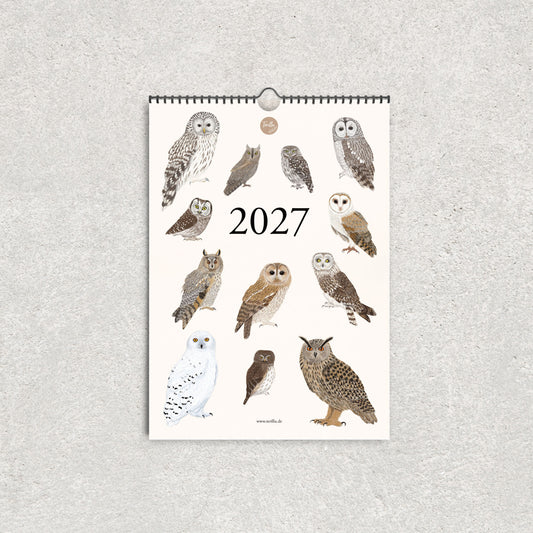 Wandkalender 2027 mit Eulen von Terillu – Titelblatt mit zwölf handgezeichneten Eulenillustrationen