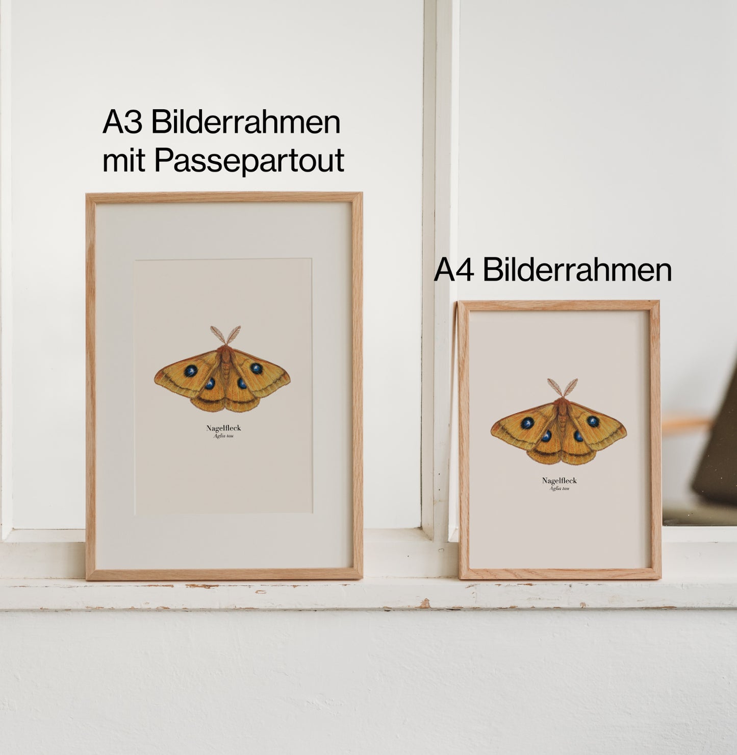 Vergleich der Größen A4 und A3 des gerahmten Nagelfleck Kunstdrucks mit Passepartout