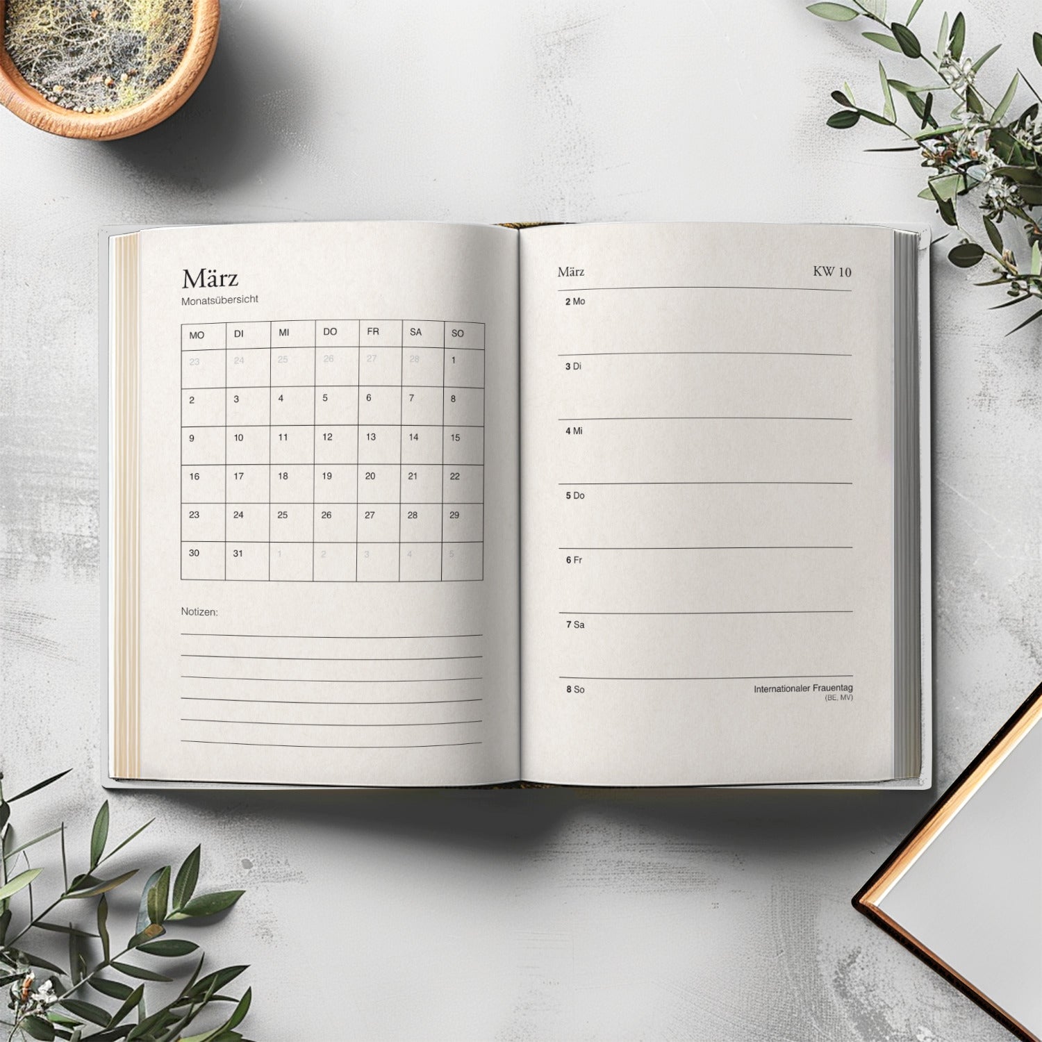 Innenansicht Terminplaner 2026 mit Wochenübersicht und Vogel Illustration