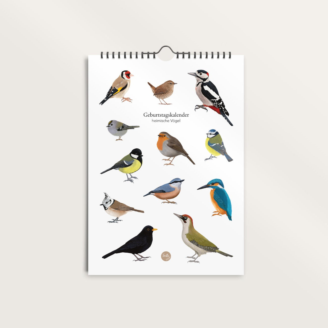 Immerwährender Geburtstagskalender A4 mit Vogelzeichnungen – Titelseite Wandkalender ohne Jahr
