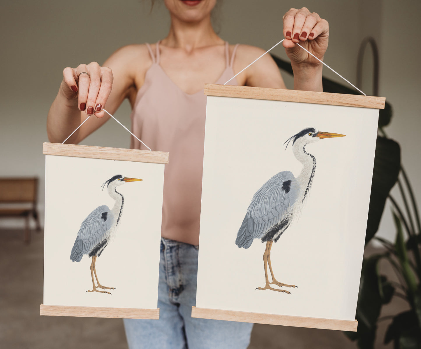 Graureiher Kunstdrucke mit Posterleisten aus Eichenholz in A4 und A3