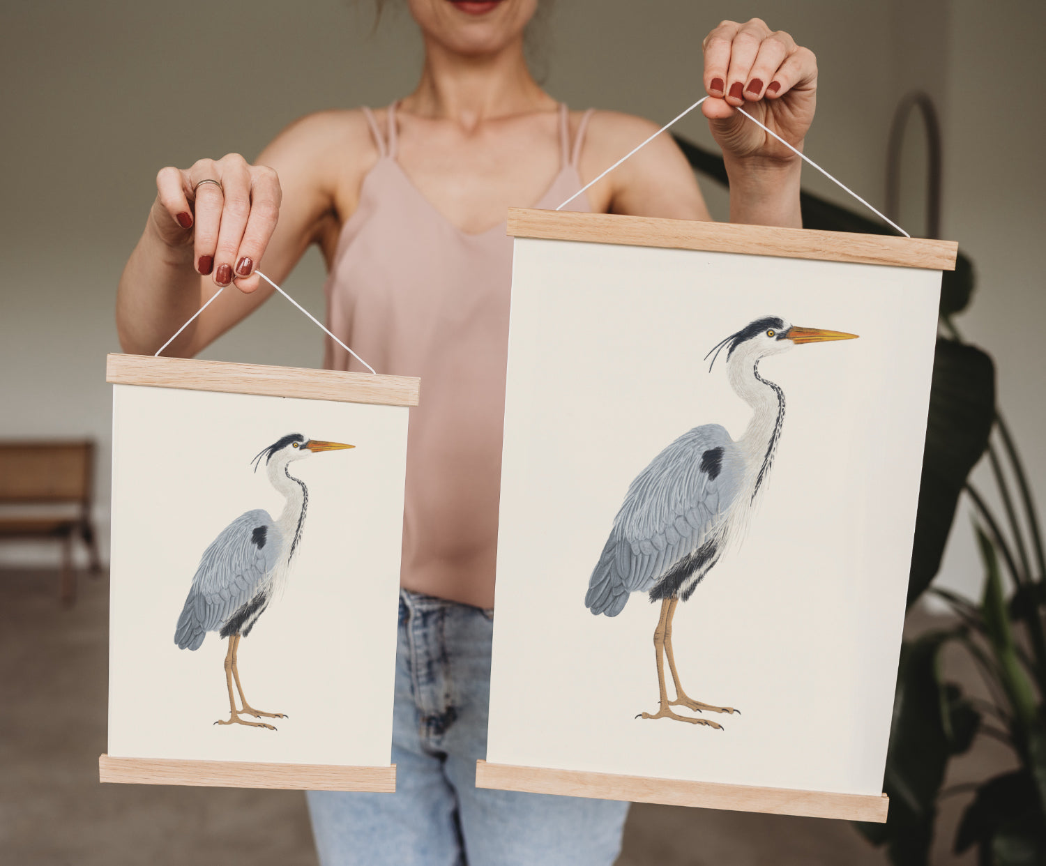 Graureiher Kunstdrucke mit Posterleisten aus Eichenholz in A4 und A3