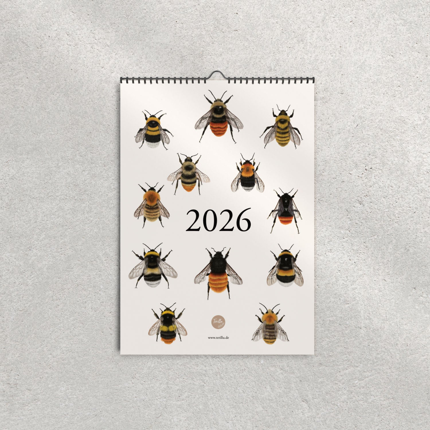 Titelblatt des Hummelkalenders 2026 mit zwölf heimischen Hummelarten als Illustration