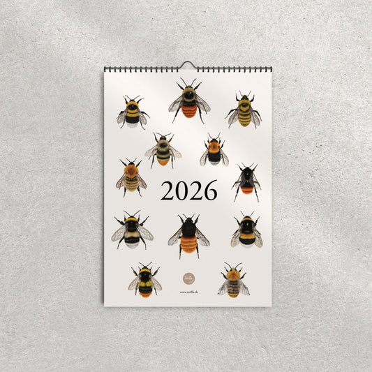 Titelblatt des Hummelkalenders 2026 mit zwölf heimischen Hummelarten als Illustration