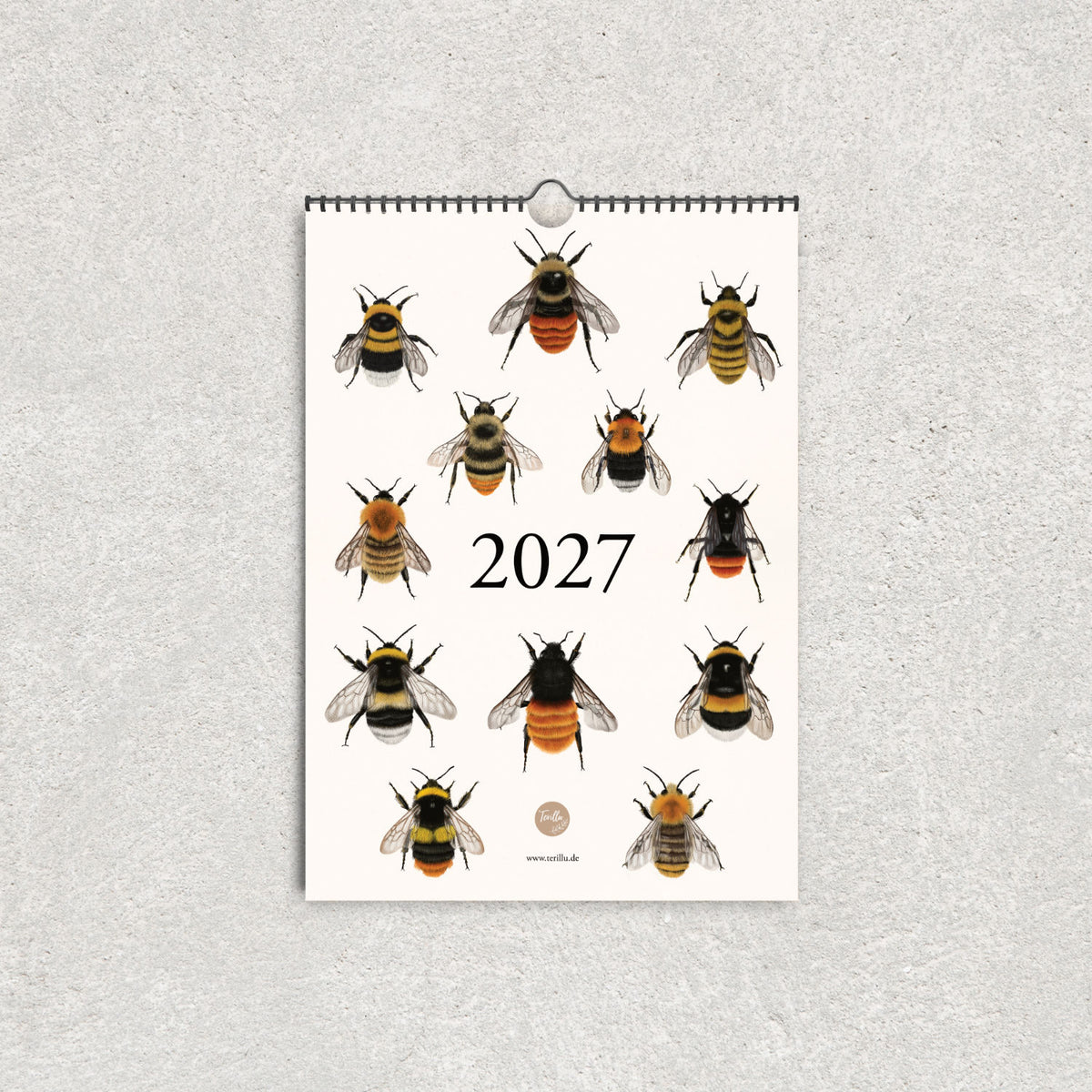 Hummelkalender 2027 von Terillu mit zwölf handgezeichneten Hummelarten auf dem Titelblatt