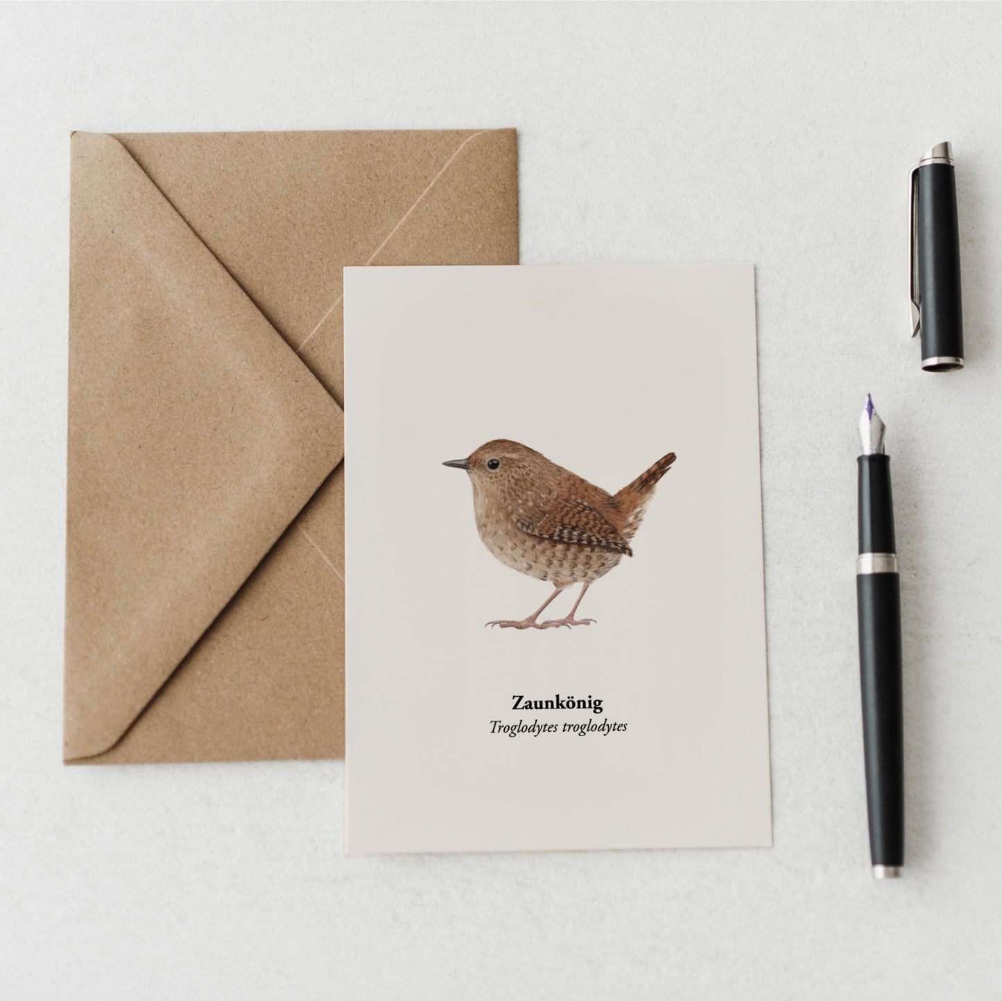 Vogel Postkarte Zaunkönig mit Kraftpapierumschlag
