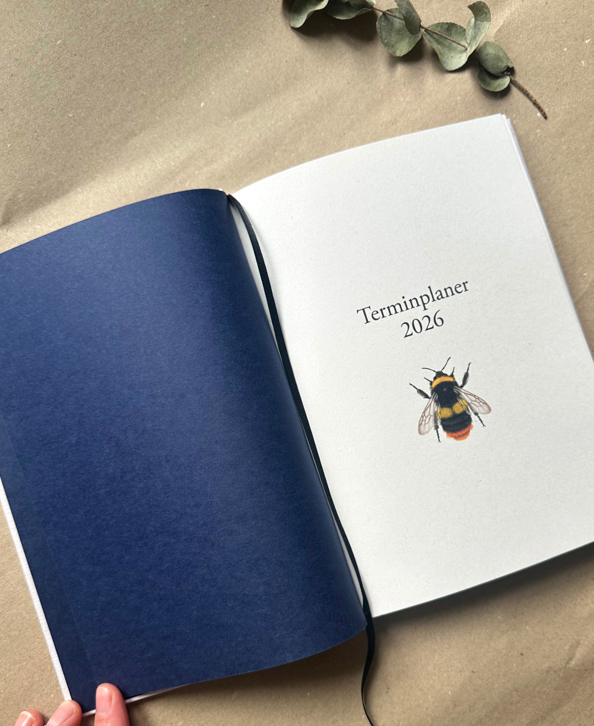 Innenansicht Terminplaner 2026 mit Wochenübersicht und Hummel Illustration