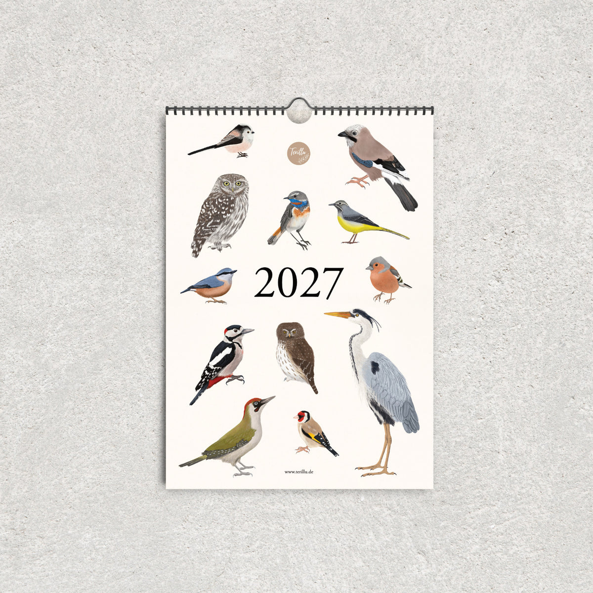 Vogelkalender 2027 von Terillu mit zwölf handgezeichneten Vogelillustrationen auf cremefarbenem Hintergrund