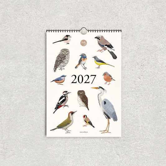 Vogelkalender 2027 von Terillu mit zwölf handgezeichneten Vogelillustrationen auf cremefarbenem Hintergrund