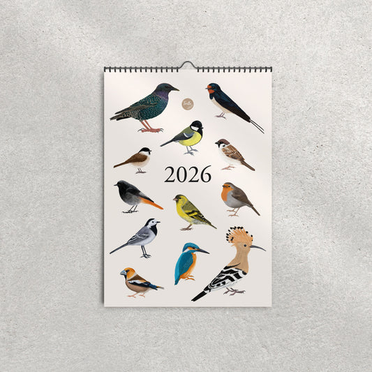 Vogelkalender 2026 – Titelblatt mit zwölf heimischen Vogelarten Illustration