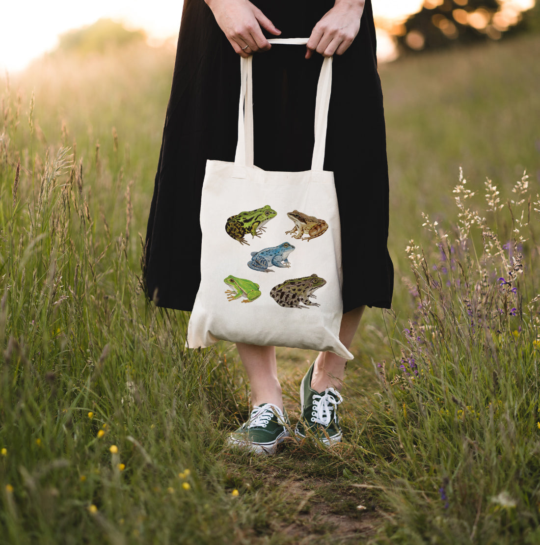 Frosch Tasche aus Baumwolle mit naturgetreuen Illustrationen heimischer Frösche