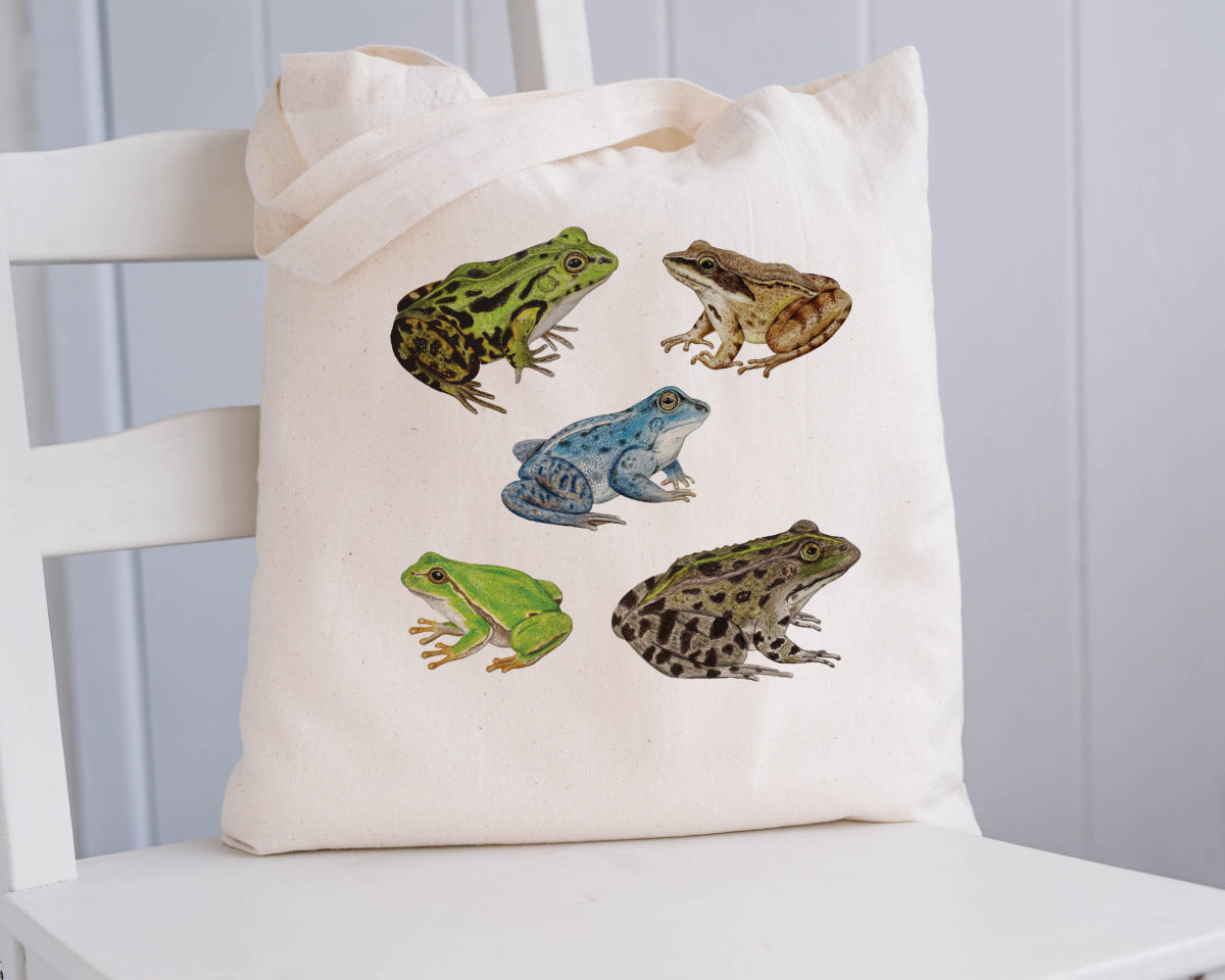 Stoffbeutel mit fünf heimischen Froscharten auf naturfarbener Baumwolle