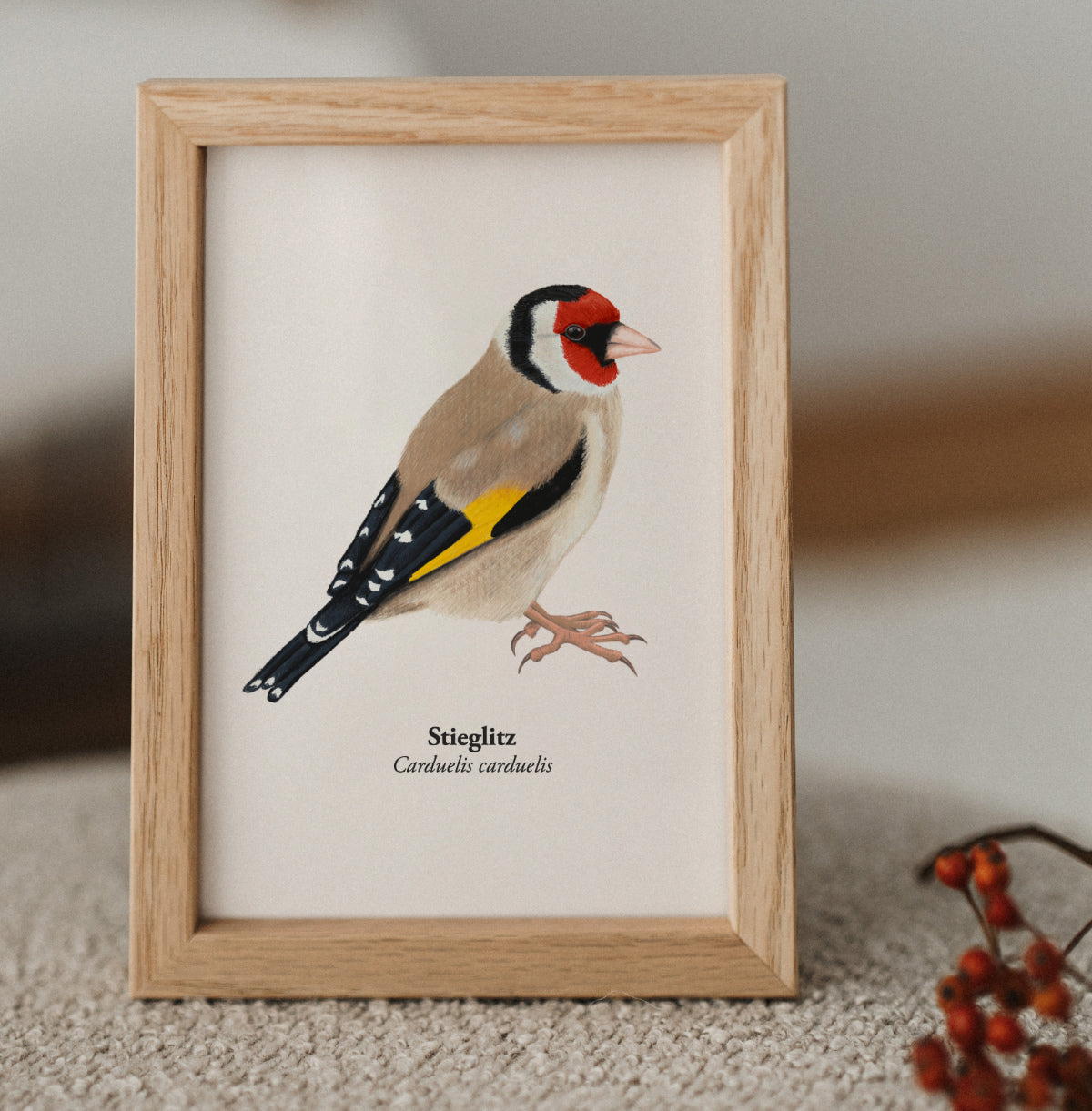 Gerahmte Stieglitz Kunstpostkarte im Holzrahmen, Vogel Illustration Carduelis carduelis