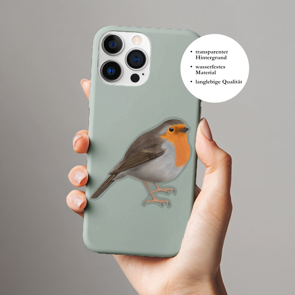 Rotkehlchen Vinyl Sticker auf grüner Handyhülle – Naturillustration von Terillu