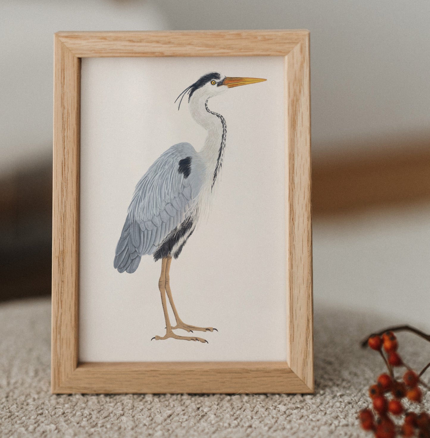 Gerahmte Graureiher Postkarte als Mini-Kunstdruck im Eichenholzrahmen