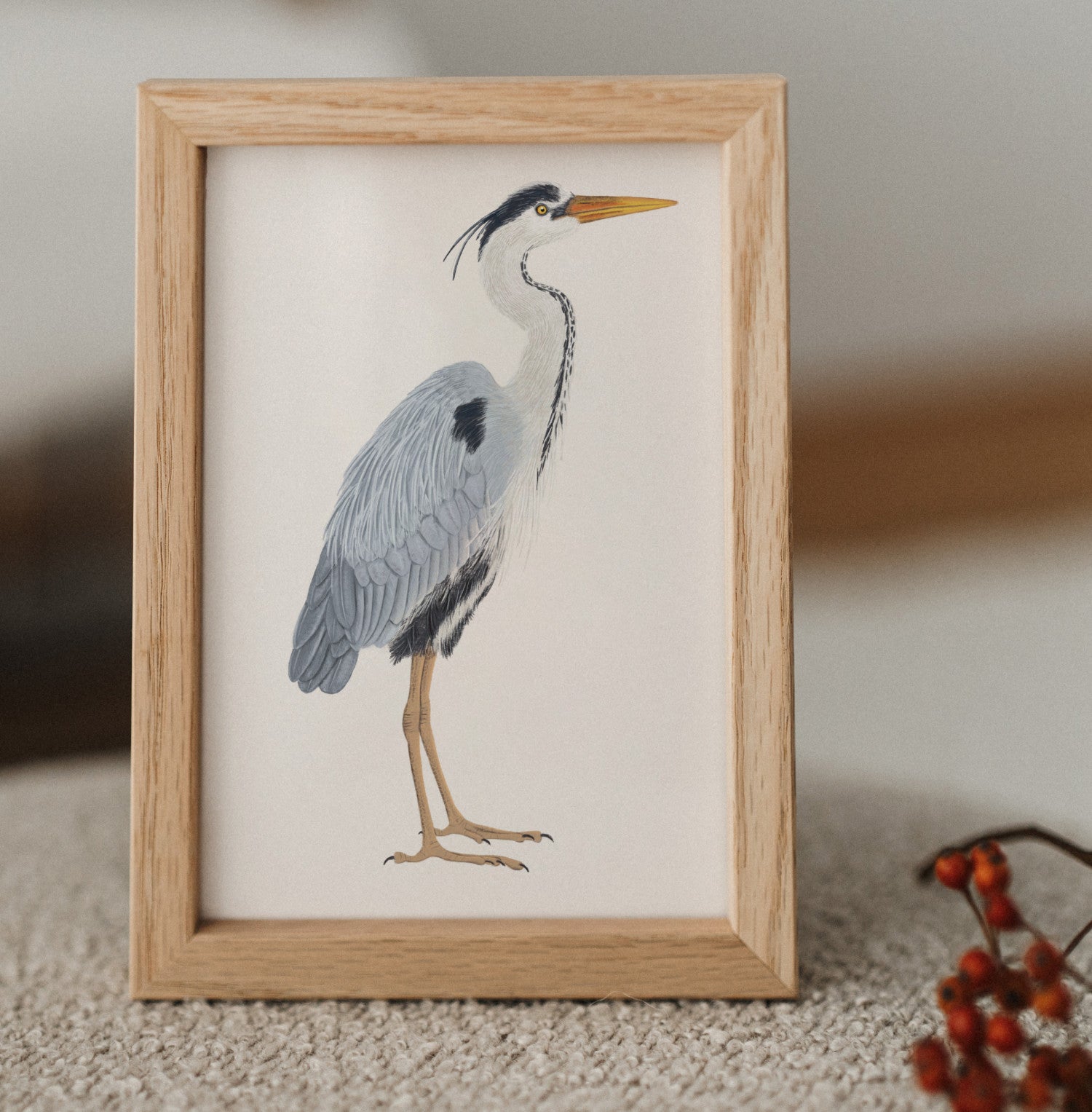 Gerahmte Graureiher Postkarte als Mini-Kunstdruck im Eichenholzrahmen