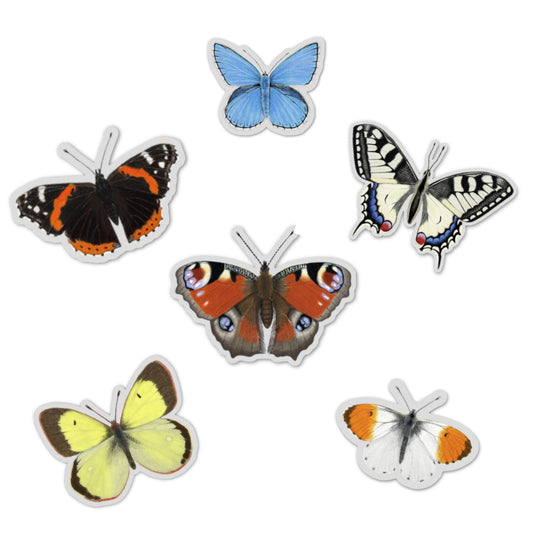Schmetterling Sticker Set mit Schwalbenschwanz, Tagpfauenauge, Admiral, Bläuling, Gelbling und Aurorafalter