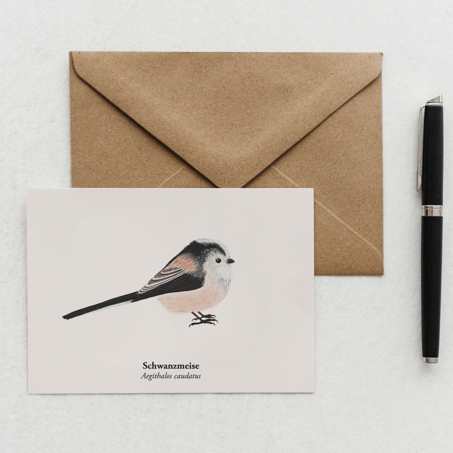 Illustration der Schwanzmeise (Aegithalos caudatus) als Kunstpostkarte auf hellem Hintergrund.